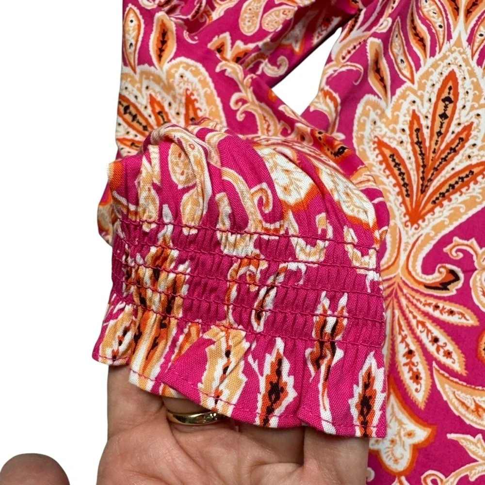 NWT New LOFT Paisley Smocked Cuff V-Neck Cotton Blend Blouse Size XS